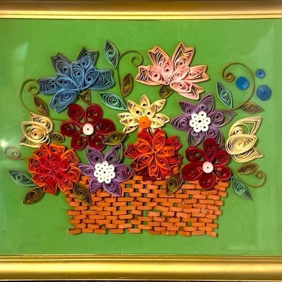 Vintage Framed Handmade Floral Rolled Quilling Paper Art 9” x 11” - Picture 2 of 4